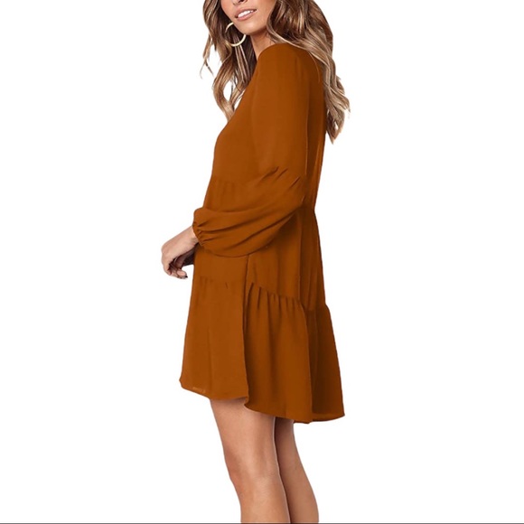 Tunic Dress V Neck Casual Loose Flowy Swing Shift Dresses Orange Caramel - Picture 3 of 12